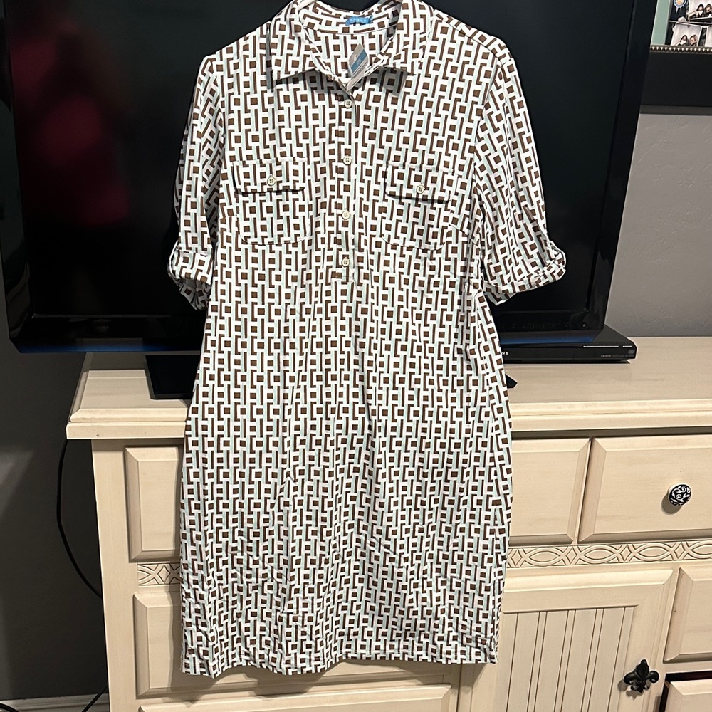 New J. McLaughlin Brown aqua and White Ladies Lawrence Dress Large